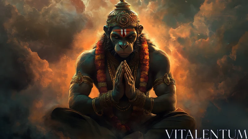 Digital rendering shows seated simian deity in frontal view