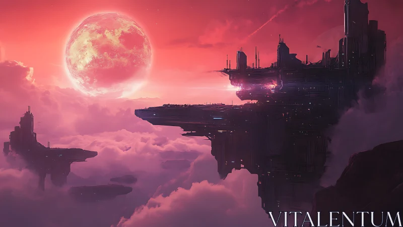 Crimson sky fortress over luminous clouds on alien dusk.