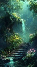 Secret forest waterfall path glows with soft enchanted light