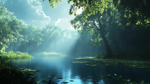 Photorealistic Forest River Scene Featuring Directional Light Diffusion and Specular Water Reflectio