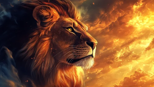 Side profile of digital lion against illuminated clouds.