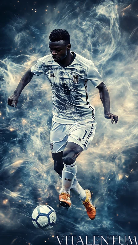 Soccer player dribbles ball through swirling cosmic smoke