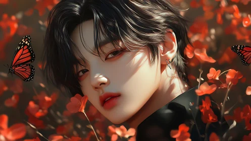 Androgynous youth among red flowers and monarch butterflies.