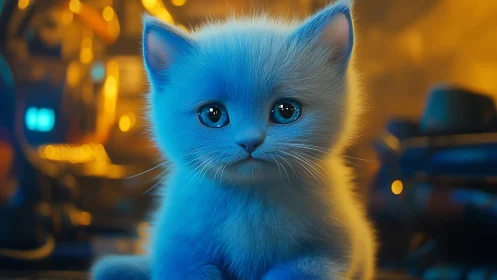 Blue kitten portrait under neon bokeh studio lights.