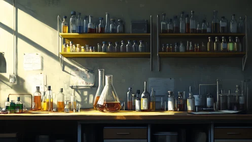 Sunlit laboratory workbench lined with glass chemistry bottles.