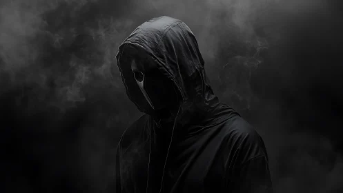 Shadowed hooded figure stands quietly in swirling dark smoke