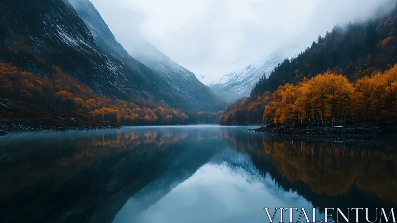Moody alpine lake with mirrored autumn forest reflections.