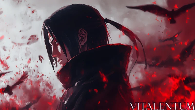 Solitary anime warrior stands amid swirling crimson crows