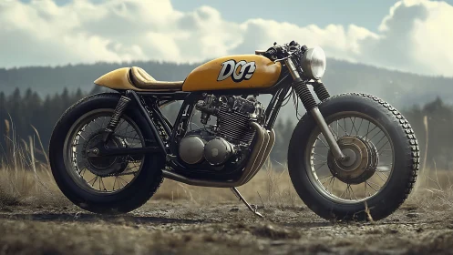 Custom yellow cafe racer motorcycle in open field landscape.