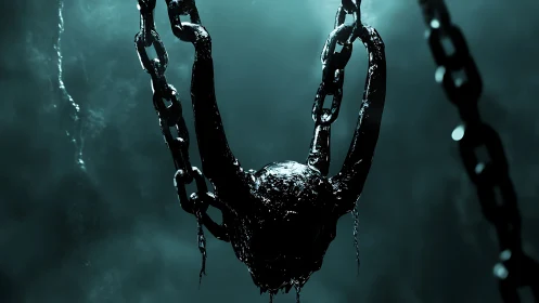 Suspended horned relic glistening in shadowy teal mist.