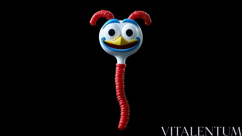 Playful plastic mascot grins under bold studio spotlight.