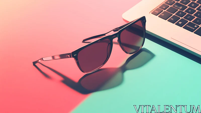 Sunglasses on gradient desk beside silver laptop keyboard.