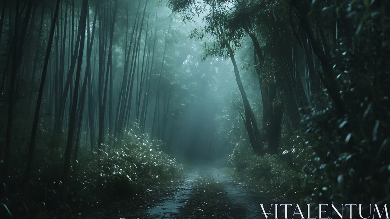 Misty Bamboo Grove Path Through Ethereal Forest.