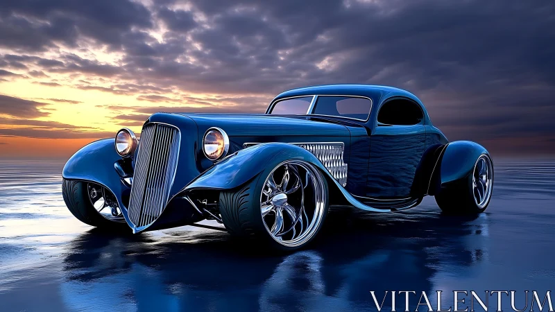 Blue custom hot rod coupe sits on reflective wet surface