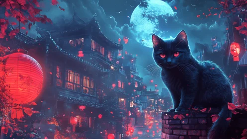 Black Cat with Crimson Eyes in Neon-Lit Asian Cyberpunk Cityscape.