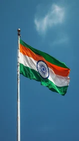 Indian national flag waves brightly against blue sky.
