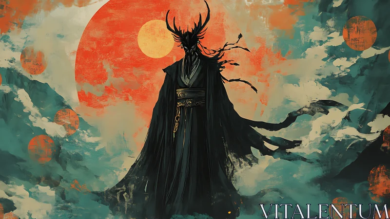 Antlered shadow warlord before stratified crimson suns.