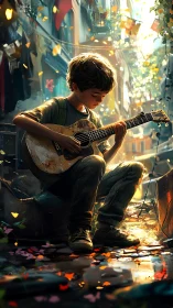 Street boy shapes golden melody in sunlit alleyway