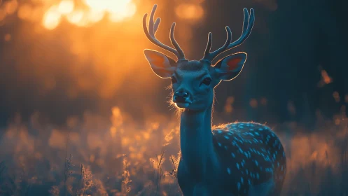 Golden dusk stag bathing in sapphire forest hush.