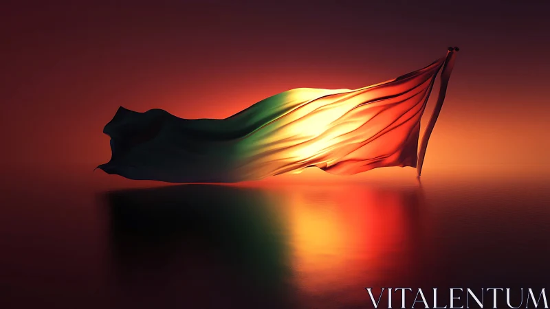 Luminous tricolor flag ripples softly across a glowing horizon.
