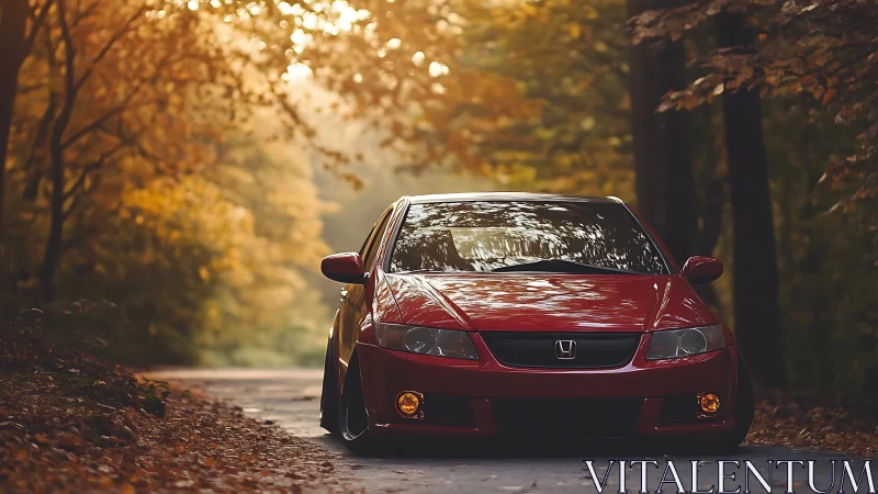 Lowered red Honda sedan parked on forest road under warm bokeh light