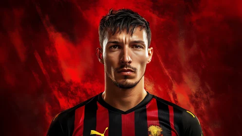 Hyper-detailed football portrait with red-black kit and fiery bokeh