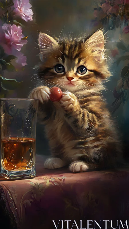 Curious kitten holds cherry beside amber drink.