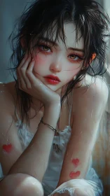 Digital portrait of wet-haired girl with red heart motifs.