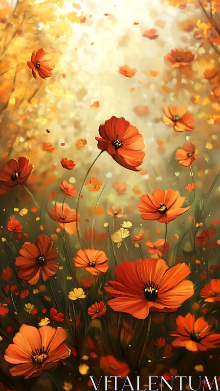 Red and Orange Cosmos Flowers in Golden Light
