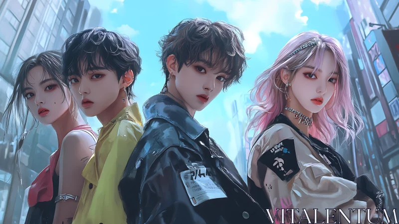 Urban-styled anime quartet poses under bright city skies.