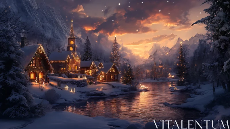 Illuminated alpine village at dusk with reflective snowbound river.