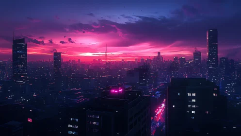Neon dusk skyline bathing a restless cyber city in magenta.