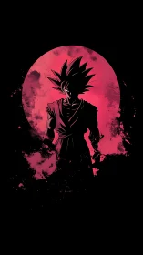 High-contrast anime warrior silhouette before textured red moon