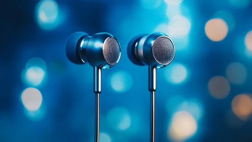 Metallic wired earbuds hover before blurred blue bokeh