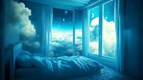 Bedroom interior with cloudscape night sky backdrop.