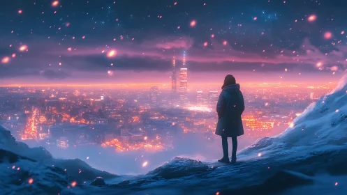 Solitary figure surveys neon winter city in atmospheric glow