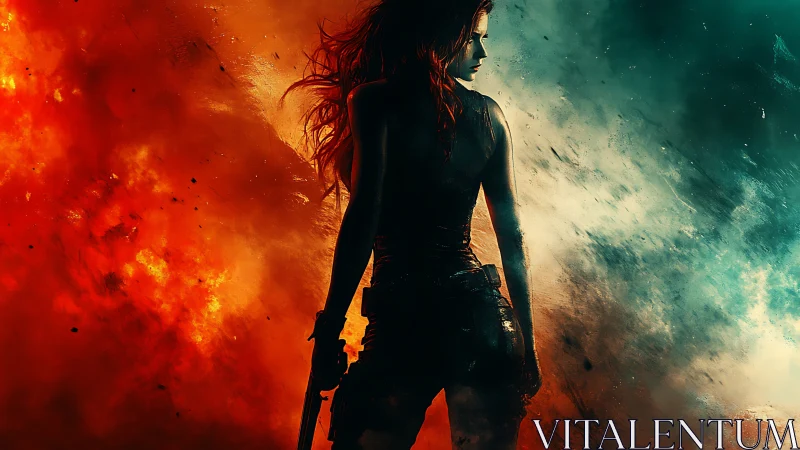 Fearless heroine between fire and stormy blue light.