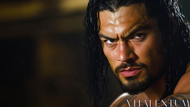 Close cropped portrait of intense male with wet dark hair.