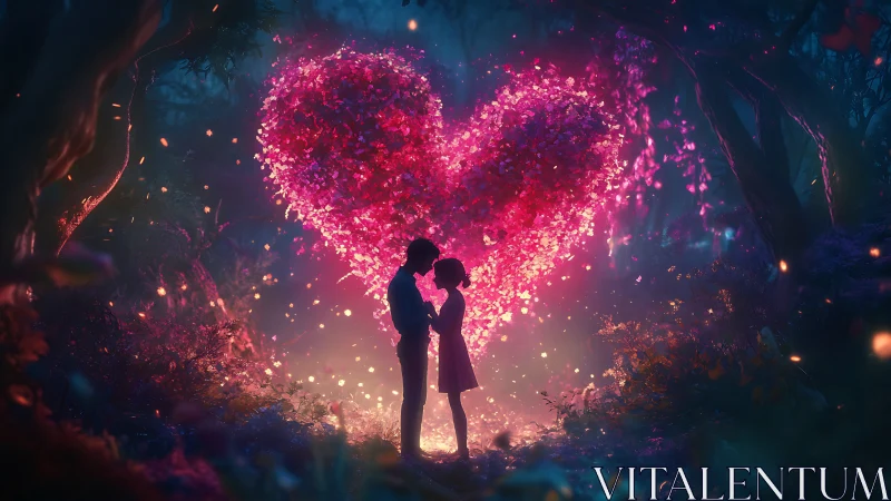 Couple Silhouetted Against Luminous Heart-Shaped Particles