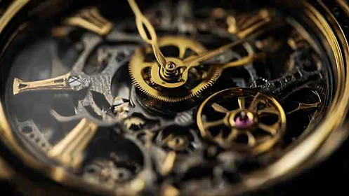 Intricate gold skeleton watch gears in cinematic closeup.