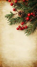 Rustic Christmas sprigs and berries on storybook parchment.