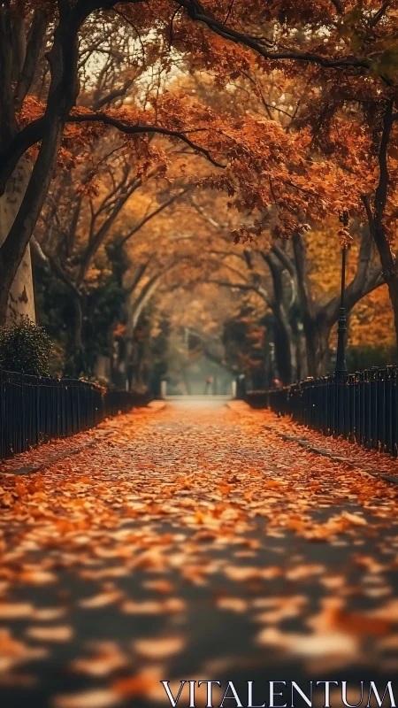 Telephoto autumn park avenue with leaf-carpeted walkway