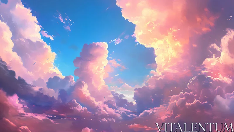 Vibrant digital sky with luminous pink sunset clouds.