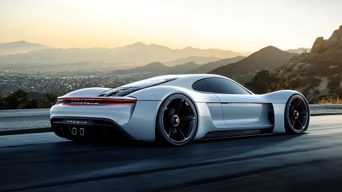 Sleek white supercar cruising into a glowing desert sunset.
