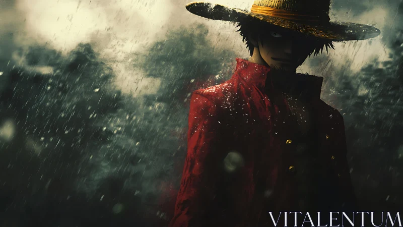 Storm-soaked wanderer in a red coat stands brave in rain
