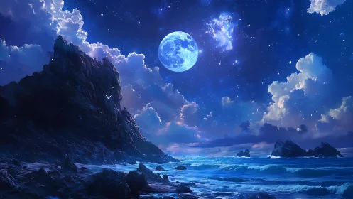 Moonlit Tidal Planet where dreamwaves polish jagged cliffs.