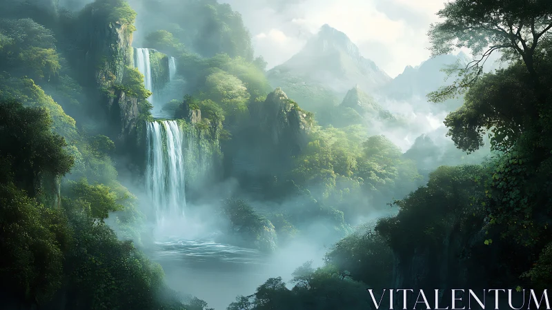 Mystical Waterfall Canyon Shrouded in Ethereal Mist