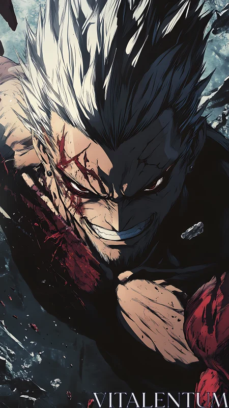 Blood-slicked antihero lunges through shattered twilight storm.