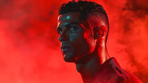 Male athlete portrait in dramatic red studio lighting.