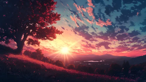 Radiant sunset over valley with silhouetted tree and cloudfield.